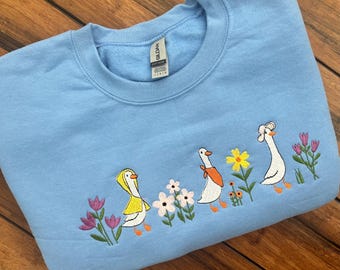 Cute spring goose embroidered sweater, flowers, spring, silly goose