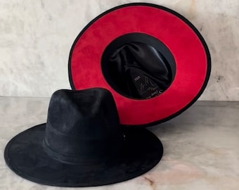 Chapeau fedora, chapeau noir à fond rouge, chapeau à bord large, chapeau à bord rigide, fedora robuste pour homme, fedora pour femme, chapeau élégant, chapeau en daim