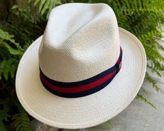 Fedora hat, classic fedora design, small brim hat, straw hat, beach hat, hat for women, hat for men, panama hat, handmade hat, navy-red band