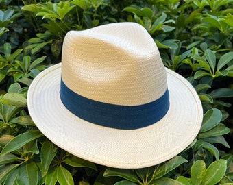 Fedora hat, straw hat, navy blue band, natural straw color, small brim hat, beach hat, hat for women, hat for men, panama hat, handmade hat