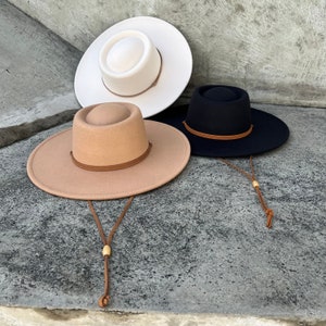 Boater hat with chin strap, Fedora hat, wide brim hat, vegan felt hat, flat brim hat, stiff brim, fedora for men, fedora for women