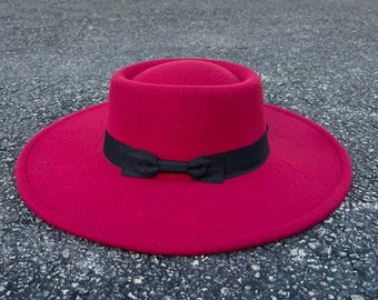 Boater hat, burgundy hat, Fedora hat, wide brim hat, felt hat, flat brim hat, stiff brim, fedora for men, fedora for women, stylish hat