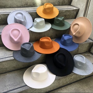 Chapeau fedora, chapeau à bord large, chapeau d'éleveur végétalien en feutre, chapeau à bord plat, bord rigide, fedora pour homme, fedora pour femme, chapeau élégant