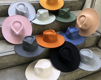 Fedora hat, wide brim hat, vegan felt rancher hat, flat brim hat, stiff brim, fedora for men, fedora for women, stylish hat