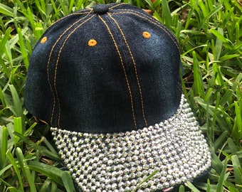 Jewel baseball cap, Denim baseball cap, rhinestone decor cap, woman’s cap, sports cap, beach cap, fashion hat, summer cap, glitter cap