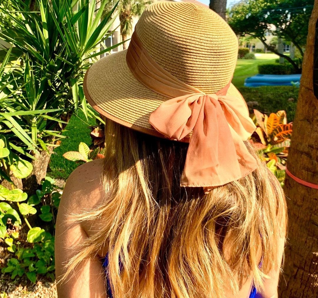 Sun Hat With Ribbon and Bow, Wide Brim Hat, Chiffon Scarf Hat