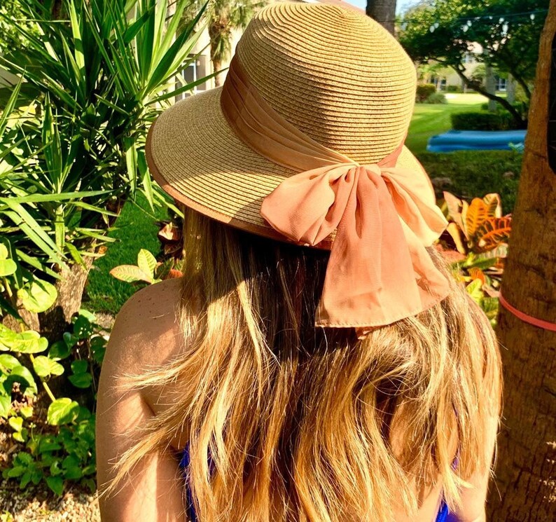 Sun Hat With Ribbon and Bow Wide Brim Hat Chiffon Scarf Hat Etsy