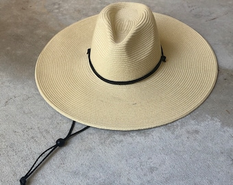 Summer Outdoor Linen Adjustable Chin Strap Beach Mesh Cap Net Sunhat Cowboy Hat