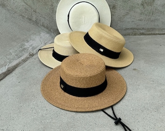 Sun hat with chin strap for women, straw hat, flat top hat fashion hat, summer hat, beach hat, Women hat, sun hat, gardening hat, bolero hat