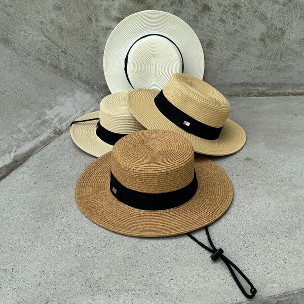 Sombrero de sol con correa para la barbilla para mujer, sombrero de paja, sombrero de moda de sombrero de copa plana, sombrero de verano, sombrero de playa, sombrero de mujer, sombrero de sol, sombrero de jardinería, sombrero bolero