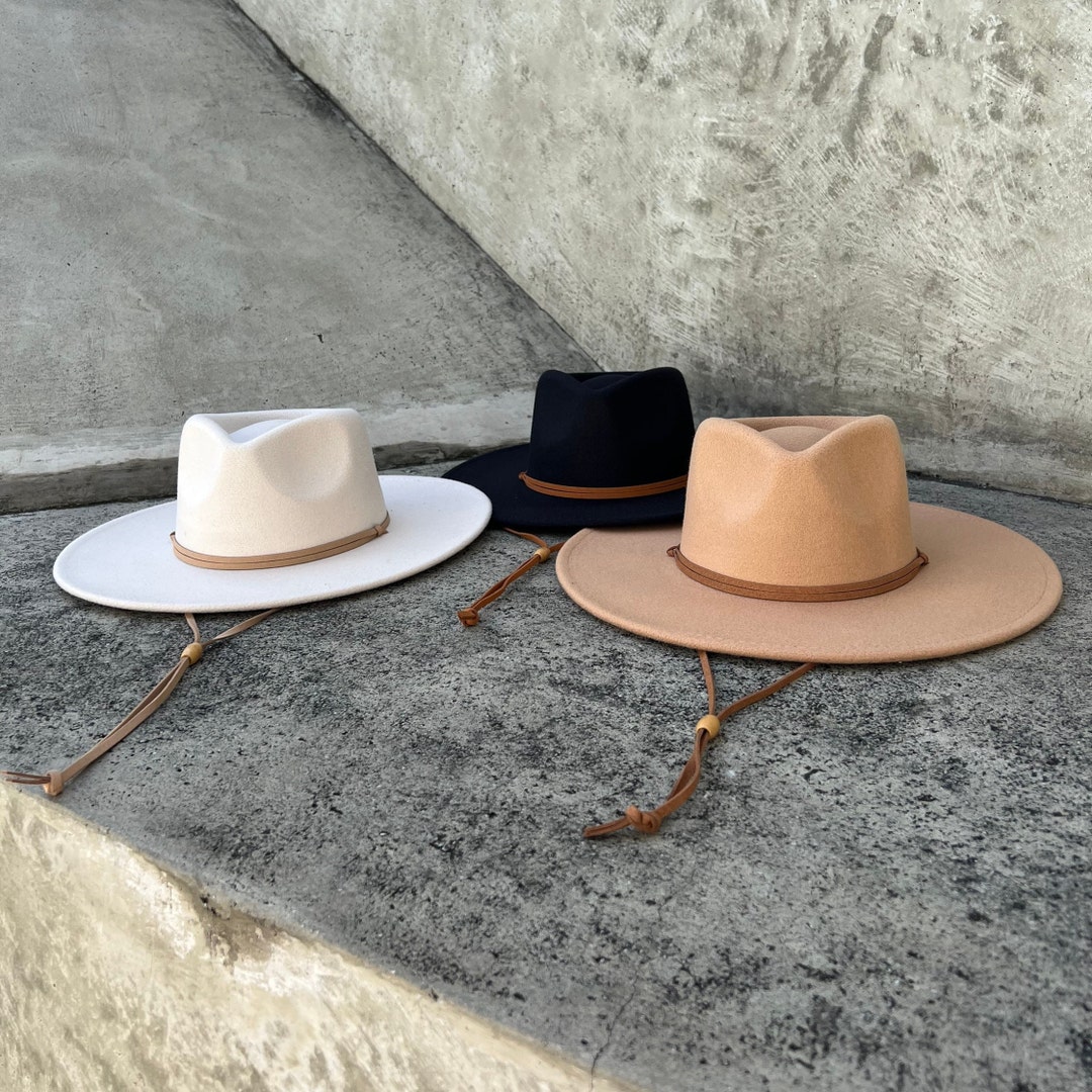 Fedora Hat With Chin Strap, Wide Brim Hat, Vegan Felt Rancher Hat, Flat Brim Hat, Stiff Brim