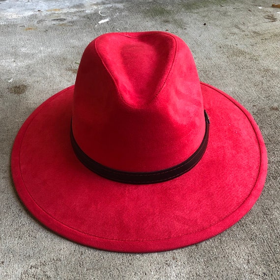 Red Fedora Hat Wide Brim Hat Microsuede 