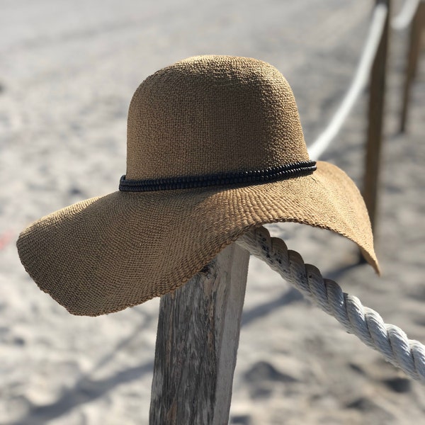 Floppy hat with wood beads, fashion hat, wide brim hat, sun hat, summer hat, beach hat, Woman’s hats, dress hat, honeymoon hat, straw hat