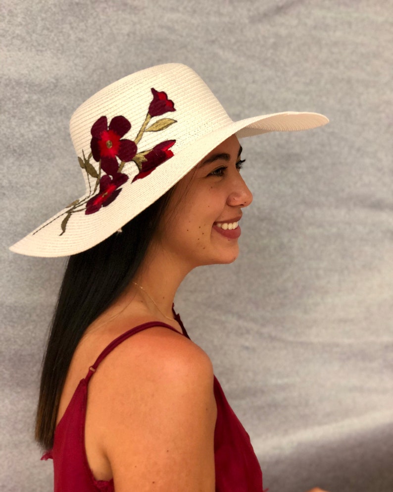 Red Roses Hat Embroidery Floral Design Hat Wide Brim Hat Etsy