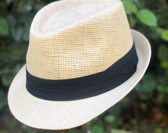 Child's Straw Fedora Hat With Black 