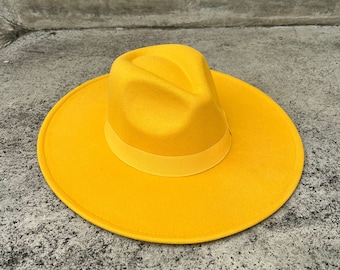 Yellow Fedora Hat Wide Brim Hat Felt 