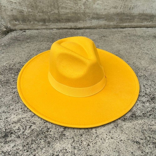Yellow Fedora Hat Wide Brim Hat Felt 