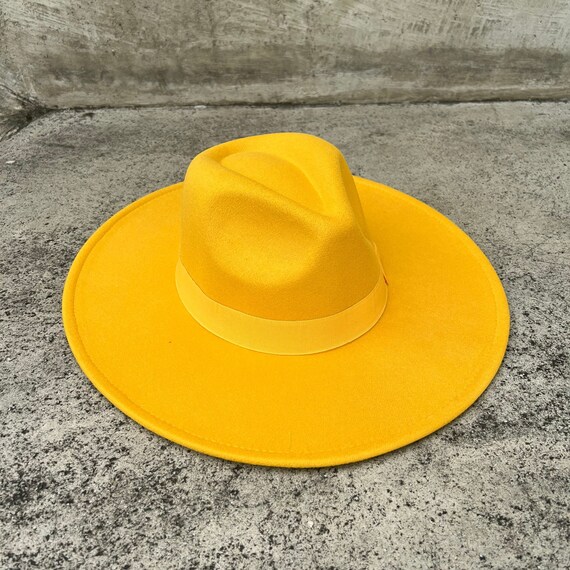 Yellow Fedora Hat Wide Brim Hat Felt Hat Flat Brim Hat - Etsy