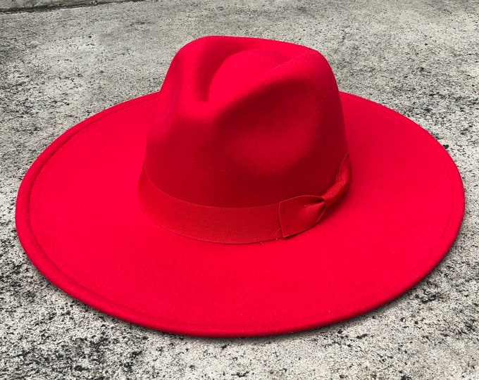Red Fedora Hat, Wide Brim Hat, Vegan Felt Hat, Flat Brim Hat, Same