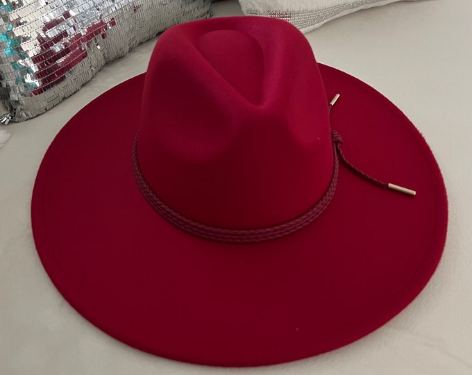 Red Fedora Hat, Wide Brim Hat, Vegan Felt Hat, Flat Brim Hat, Stiff