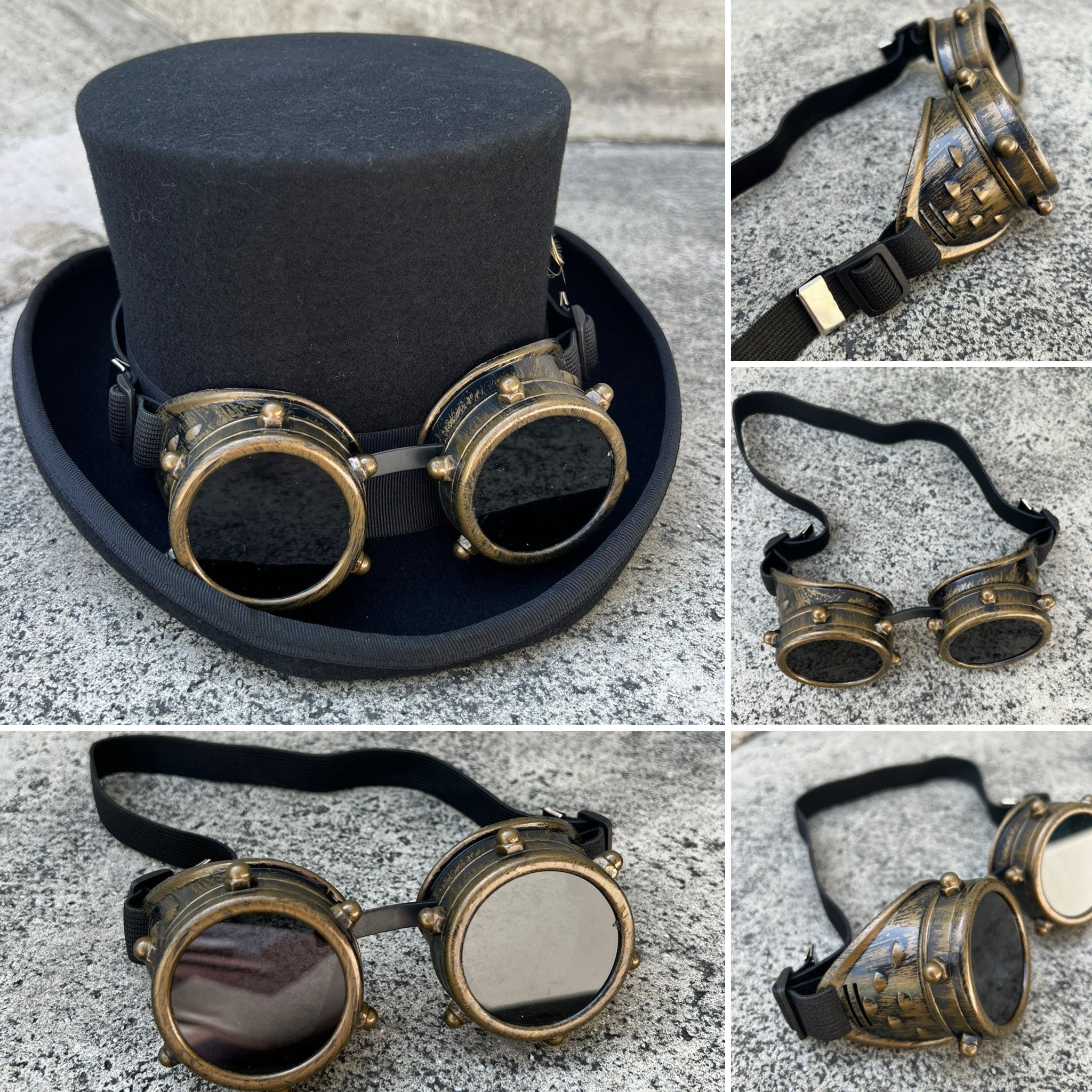 Accesorios de vapor. Sombrero Steampunk, gafas Foto de stock 189479408