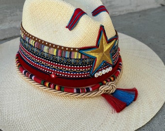 Decorated hat, colorful design hat, woman’s hat, stylish hat, summer hats women, fashion hat, unique piece, handmade hat