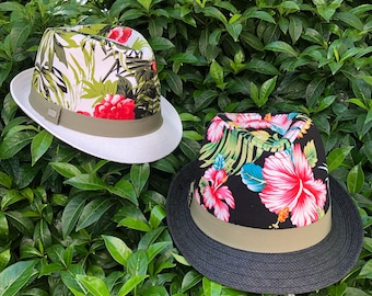 Fedora hat, floral print hat, classic fit fedora, jazz hat, fedora short brim hat, cotton fedora hat, Hawaiian party hat, sun hat, beach hat