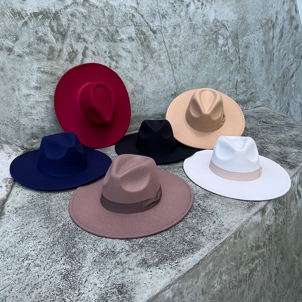 Fedora hat, wide brim hat, vegan felt hat, flat brim hat, same color band, fedora for men, fedora for women, stylish hat