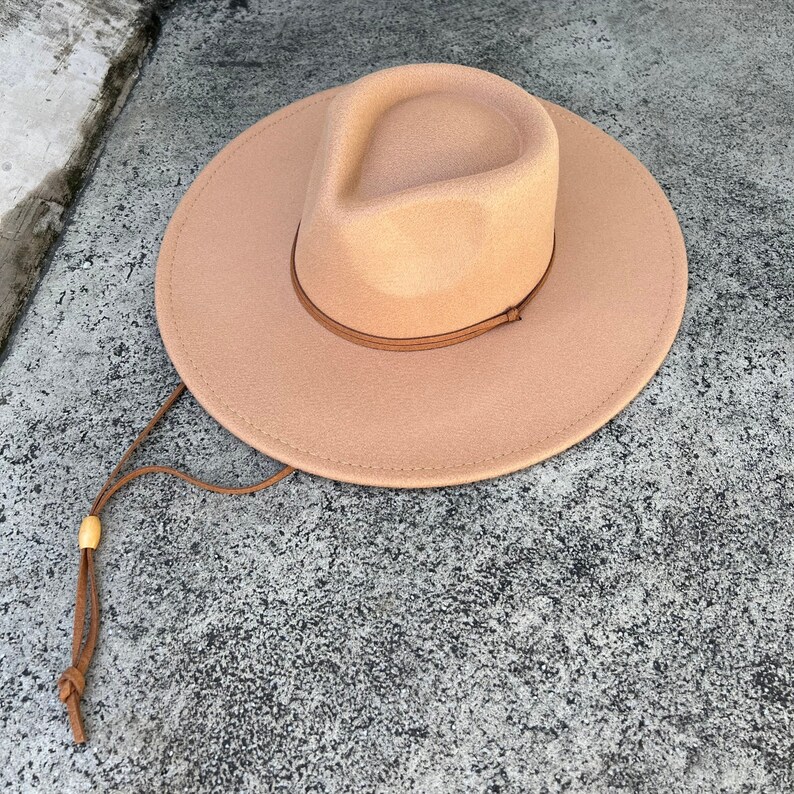 Fedora Hat With Chin Strap Wide Brim Hat Vegan Felt Rancher Etsy