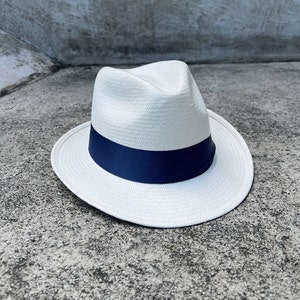 Fedora Hat Straw Hat Navy Blue Band Natural Straw Color - Etsy