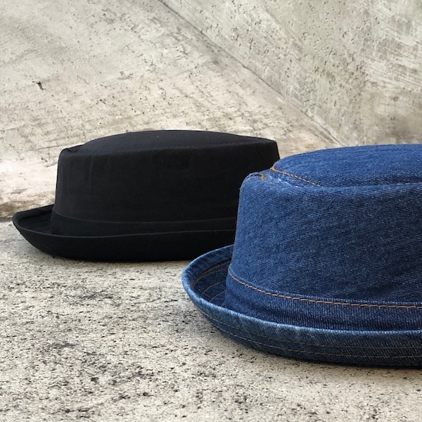 Pork pie hat, boater hat, gambler hat, flat top hat, up brim hat, hat for women, hat for men, short brim hat, sun hat, denim hat