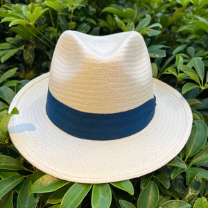 Fedora Hat, Straw Hat, Navy Blue Band, Natural Straw Color, Small Brim ...