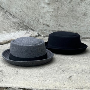 Pork pie hat, boater hat, gambler hat, flat top, up brim, hat for women, hat for men, short brim, round shape wool pork pie fedora, wool hat