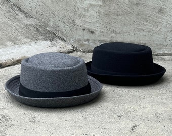 Pork pie hat, boater hat, gambler hat, flat top, up brim, hat for women, hat for men, short brim, round shape wool pork pie fedora, wool hat