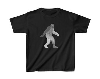 May include: Black t-shirt featuring a white Bigfoot graphic. The design depicts the legendary creature in a walking pose, created with a series of parallel lines. The shirt is made of a soft material and is suitable for casual wear.