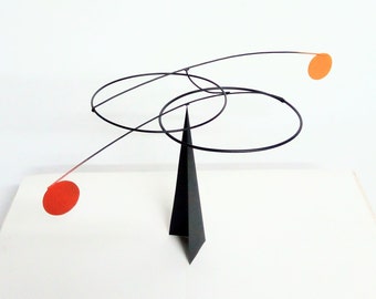Black Red Orange Double Ring Stabile Mobile Table Desk Top Kinetic Sculpture Metal Art