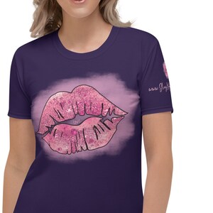 Lips, Pink Lips, Pink Glittery Look Lips, Comfy Stretch Women&#39;s Graphic T-shirt, Classy Streetwear Tee, Front Back Graphic T-Shirt for Women