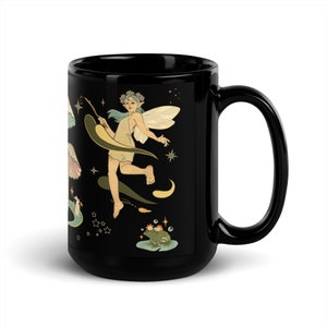 Grunge Vintage FairyCore CottageCore, Vintage Fairy Mushroom Rabbit, Gift for Someone Who Loves A Simpler Life, Ethereal Black Glossy Mug