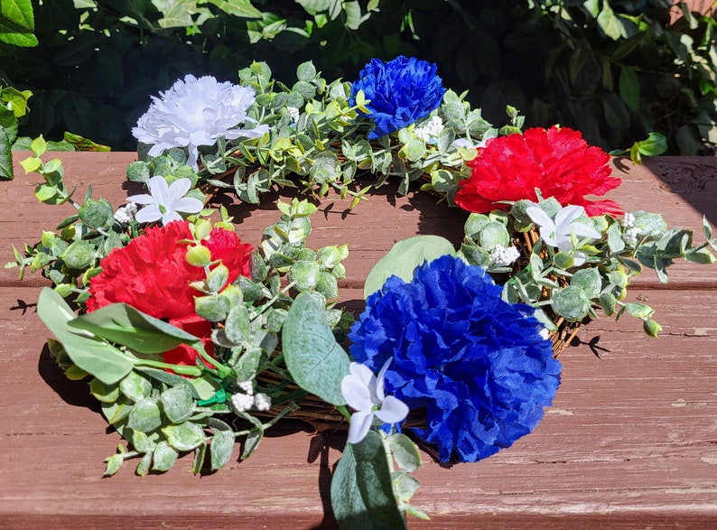 Red, White, Blue Carnation Floral Candle Ring, Summer Candle Rings