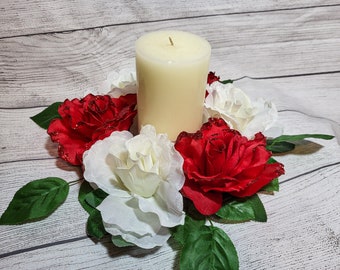 Red and White Roses Valentine's Day Floral Candle Ring, Valentine's Day Candle Rings, Home Decor, Valentine's Day Decor, Mini Wreaths