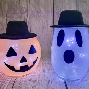 Ghost and Pumpkin Jack O Lantern Glass Lights, Home Decor, Fall Decor, Halloween Decor, Fall Lights, Table Decor, Halloween Lights