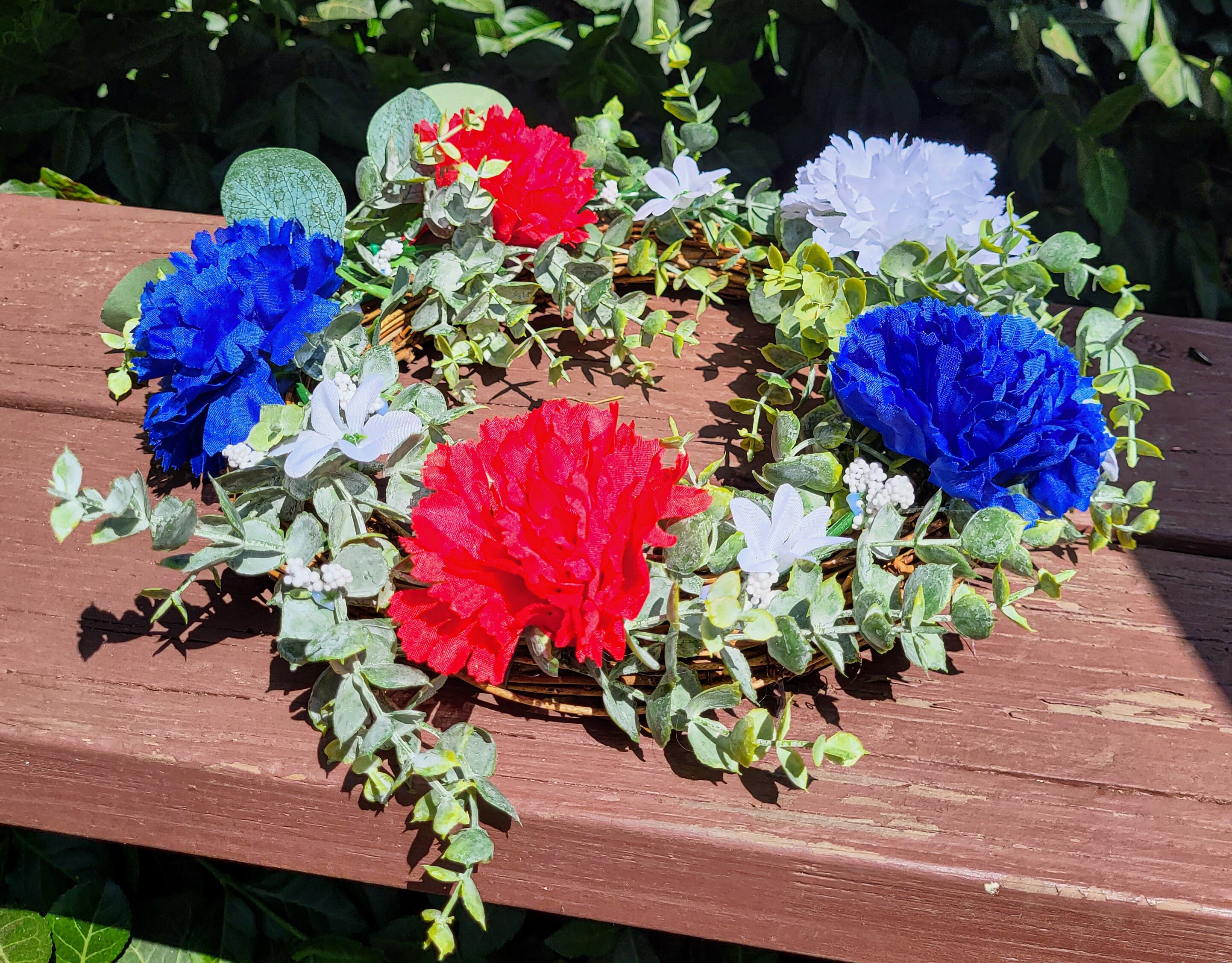Red, White, Blue Carnation Floral Candle Ring, Summer Candle Rings