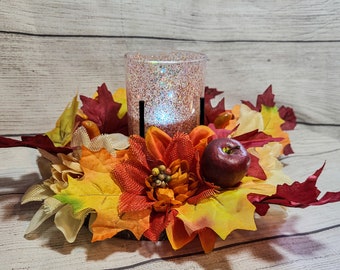 Fall Floral and Leaves Tealight Holder Ring, Fall Candle Rings, Fall Decor, Home Decor, Fall Tealight Holders, Fall Centerpieces