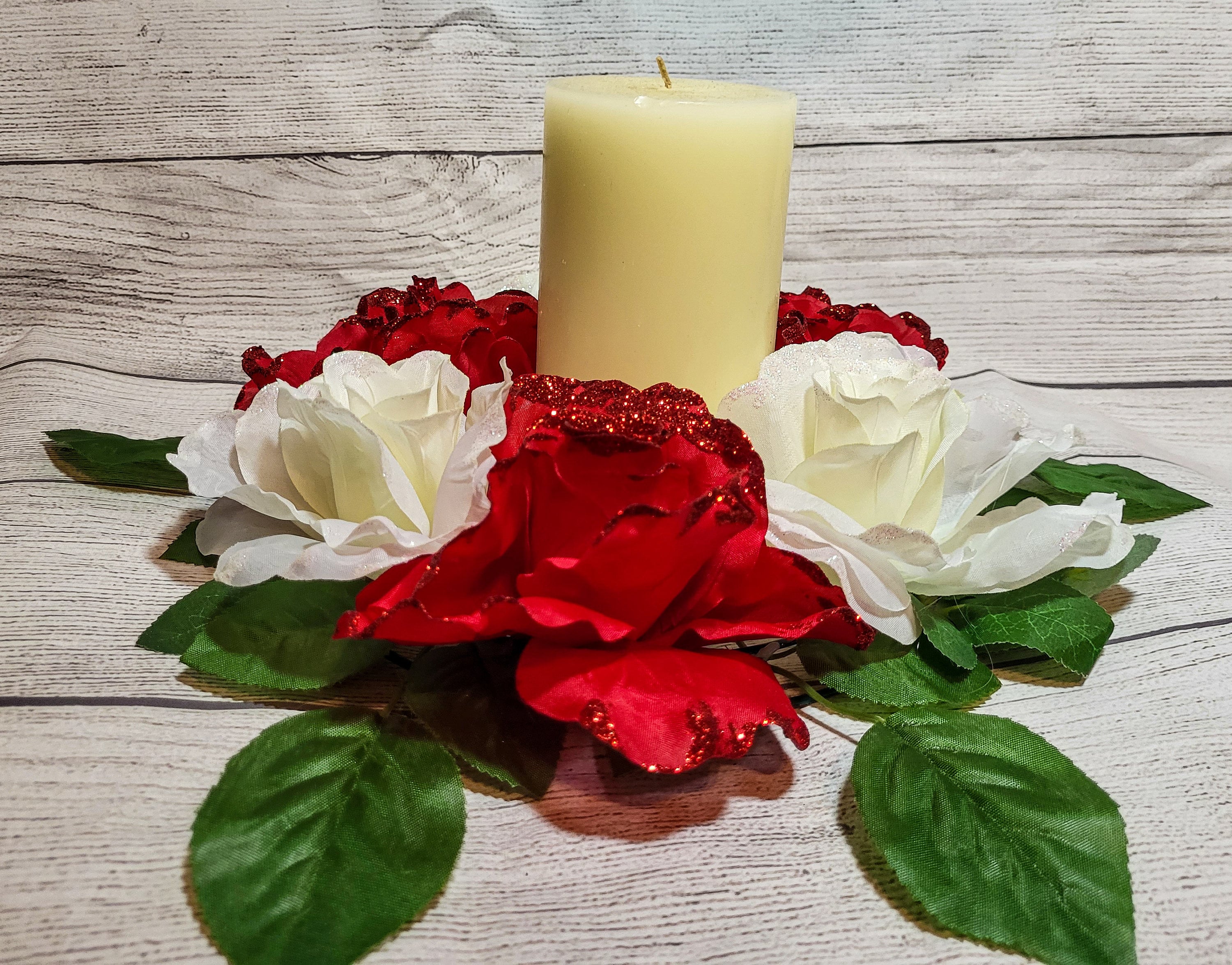 Red Candle Rings Red and White Roses Valentine's Day Floral Candle Ring, Valentine's Day ...