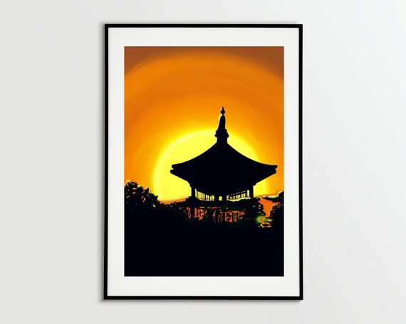 Printable SHRINE art Japanese shrine silhouette Sunset | Etsy