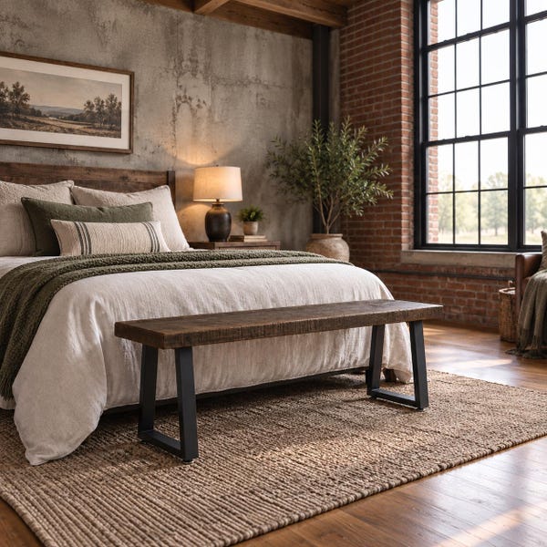 Rustic Farmhouse Bench, Weathered Barnwood with Metal Legs, Modern Industrial Style, Handcrafted in USA, for Entryway and Bedroom