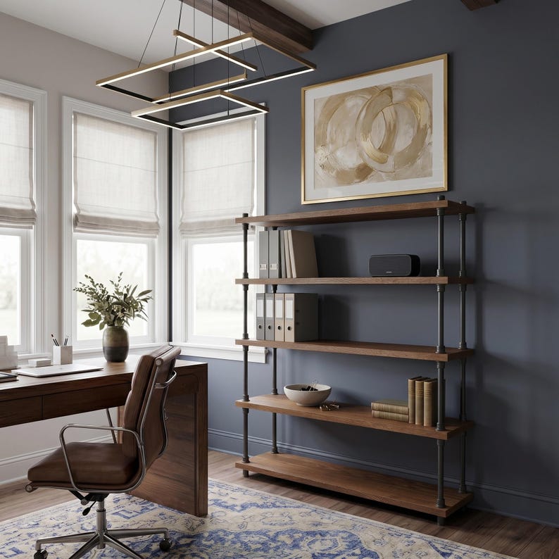 May include: A five-tier industrial bookshelf featuring dark metal pipe framing and thick wooden shelves. The unit stands against a dark grey wall, holding various office supplies, books, and a small bowl, providing open storage for a home office space.