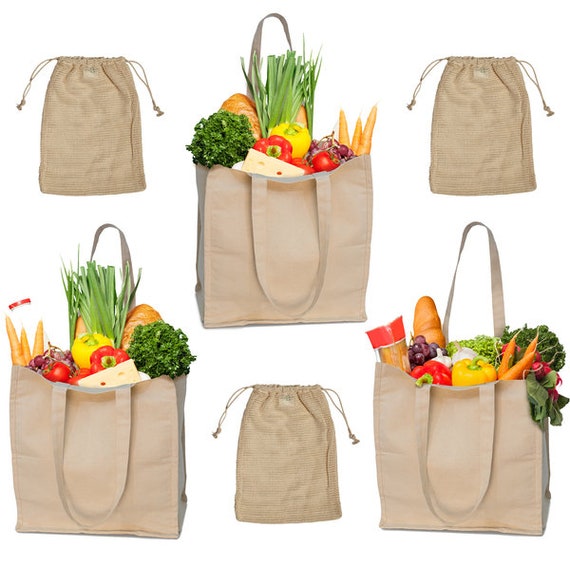 Canvas Grocery Bags Reusable Washable Organic Cotton Shopping Bags With Handles 3 Pack With 3 Produce Bags Etsy UK