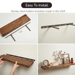 K&ouml;nnte beinhalten: Vier Bilder zeigen die Installation eines Holzregals. Das Regal besteht aus dunkelbraunem Holz und wird von stabilen Stahlhaltern getragen. Der Text "Easy To Install" steht oben.
