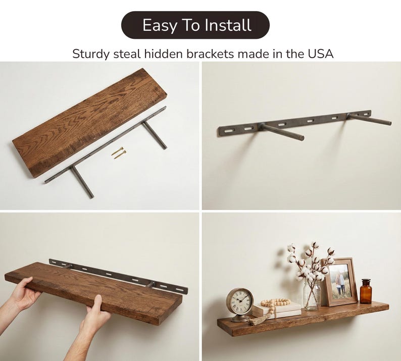 K&ouml;nnte beinhalten: Vier Bilder zeigen die Installation eines Holzregals. Das Regal besteht aus dunkelbraunem Holz und wird von stabilen Stahlhaltern getragen. Der Text "Easy To Install" steht oben.
